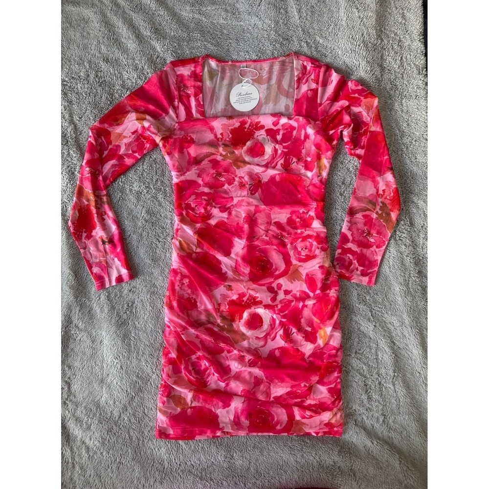 Prinbara Womens Pink Floral Mesh Ruched Bodycon Mini Dress Long Sleeve‎ Size L
